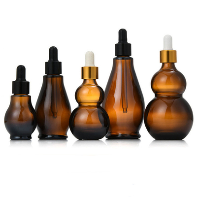 Dropper 10ml Gourd Shape Amber Glass Roll On Bottles Silk Printing